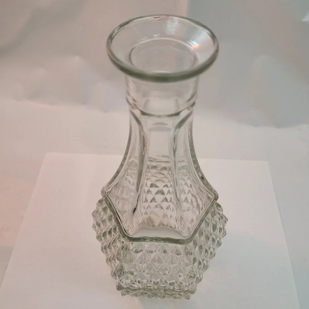 Vintage Glass‎ Decanter Vase Diamond Point Clear Hexagonal Base 9.5 Inch Carafe